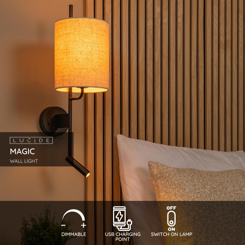 Lucide MAGIC - Nástenné svietidlo - 1xE27 - S USB nabíjacím bodom - Čierna